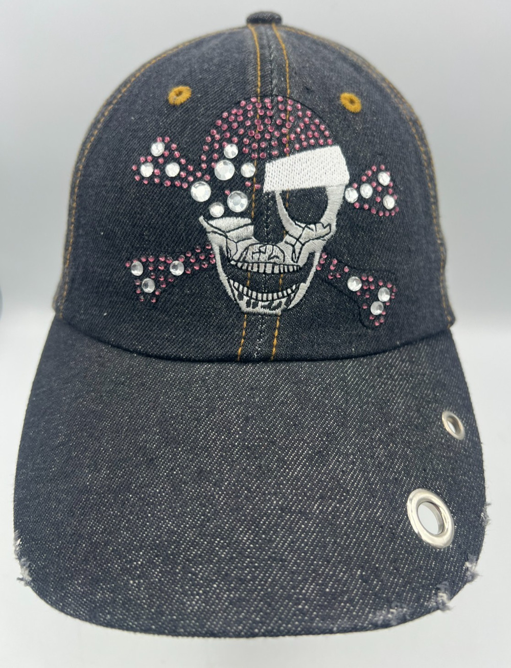 Magic Skull Crossbones Denim Hat Rhinestone Black Adjustable Baseball Cap OSFA